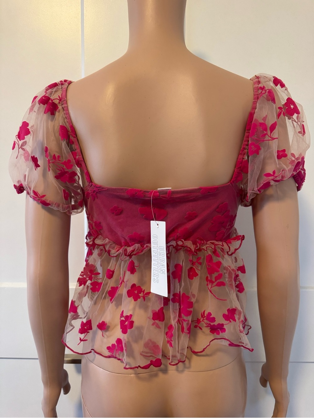 Kimchi Blue Claudia Pink Floral Cropped Puffy Sleeves Mesh Velvet Top Blouse M - Picture 7 of 7